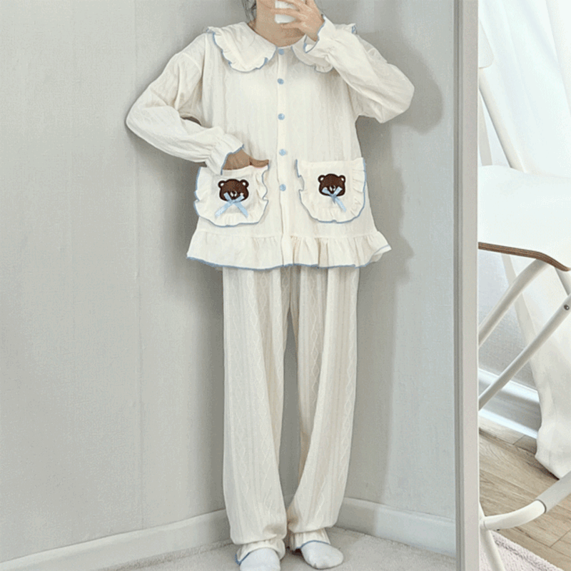 꽈배기 리본 곰 투피스 잠옷 (2 color)